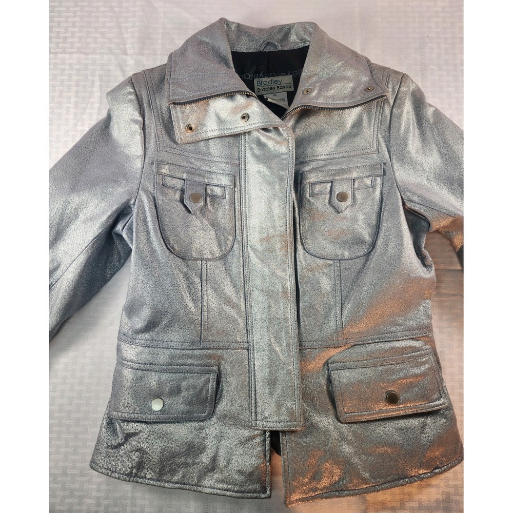 Bradley Bayou Women's Leather Silver Metallic Jacket Size XS Sleek & Stylish!